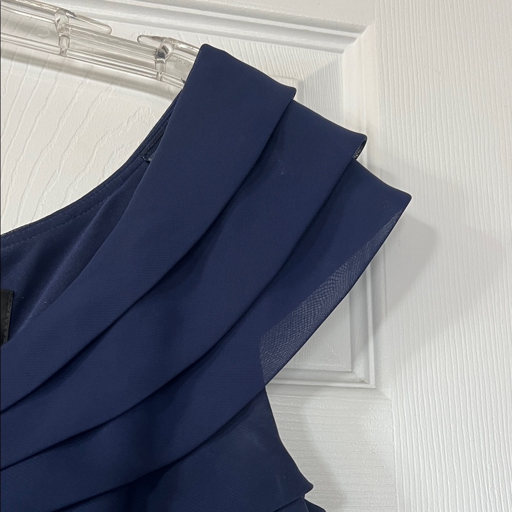 Adrianna Papell Navy Pleated Scoop Neck Midi Dress - Picture 4 of 6